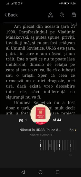 După ce citești o mostră, poți deschide din centrul ecranului un meniu, care conține și un buton de back